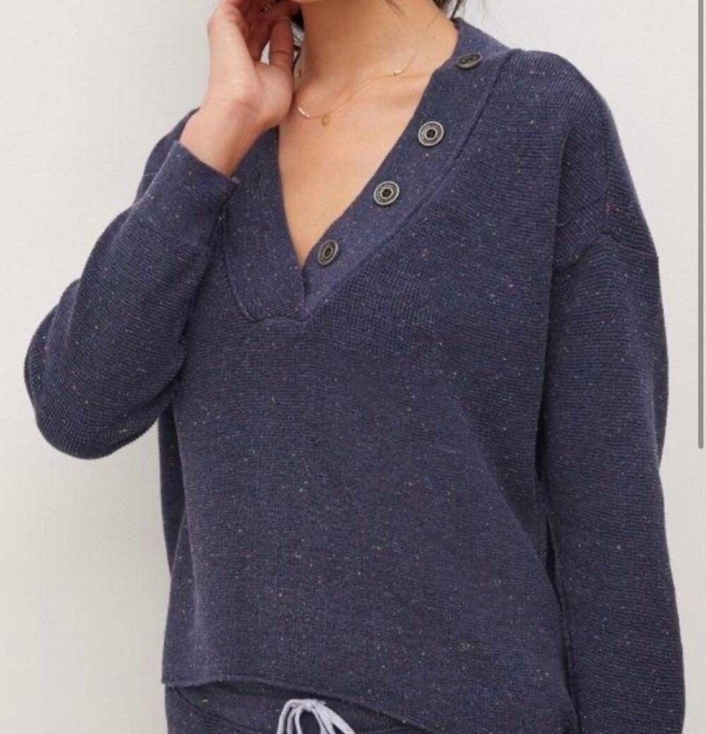 Anthropologie Daily Practice Oversized Button Henley Speckled Navy Sweater S